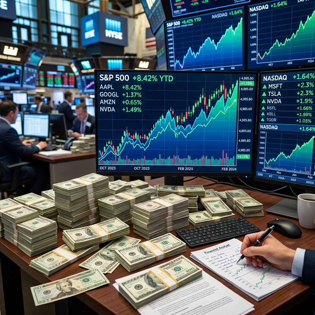 Stacks of US dollar bills on a desk with rising stock market charts on multiple screens