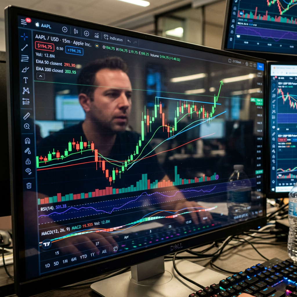 Stock market trading charts for Apple Inc. on computer screens with candlestick graphs and technical indicators